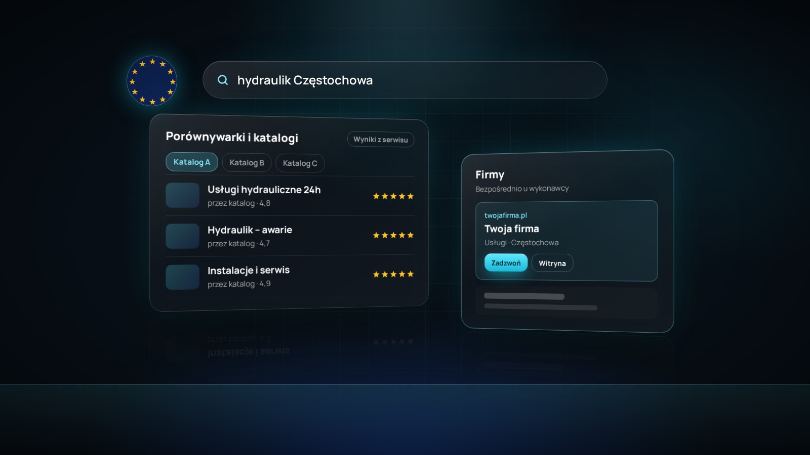 Wyniki wyszukiwania z osobnym blokiem porównywarek i blokiem firm