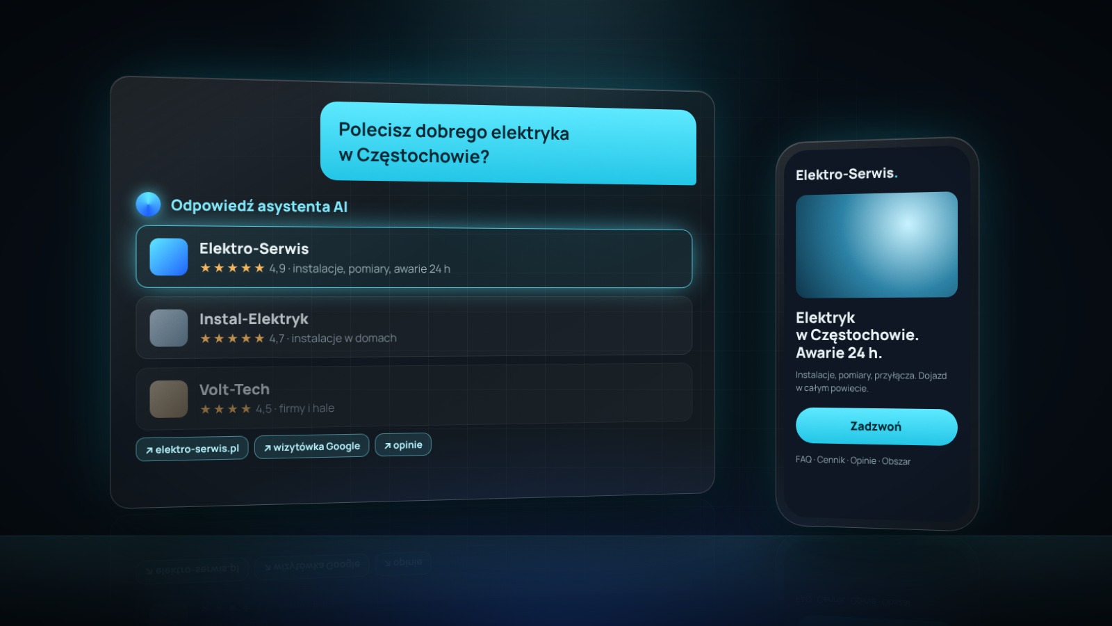 Asystent AI poleca lokalną firmę, obok jej strona internetowa na telefonie